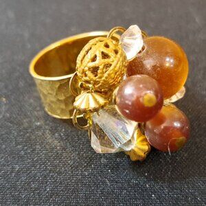 Statement Ring Hammered Band With Amber & Clear Beads Adjustable Size 6.5/7